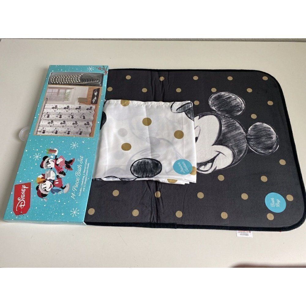 DISNEY MICKEY MINNIE MOUSE CHRISTMAS Holiday Shower Curtain Bath Mat Set 14 Pc